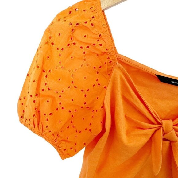 Vero Moda Womens M Crop Top Front Knot Tangerine Orange Eyelet Puff Sleeve - Picture 3 of 9